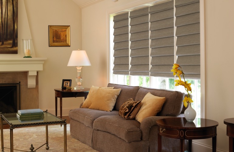 Tan Roman shades covering a window in a contemporary living room